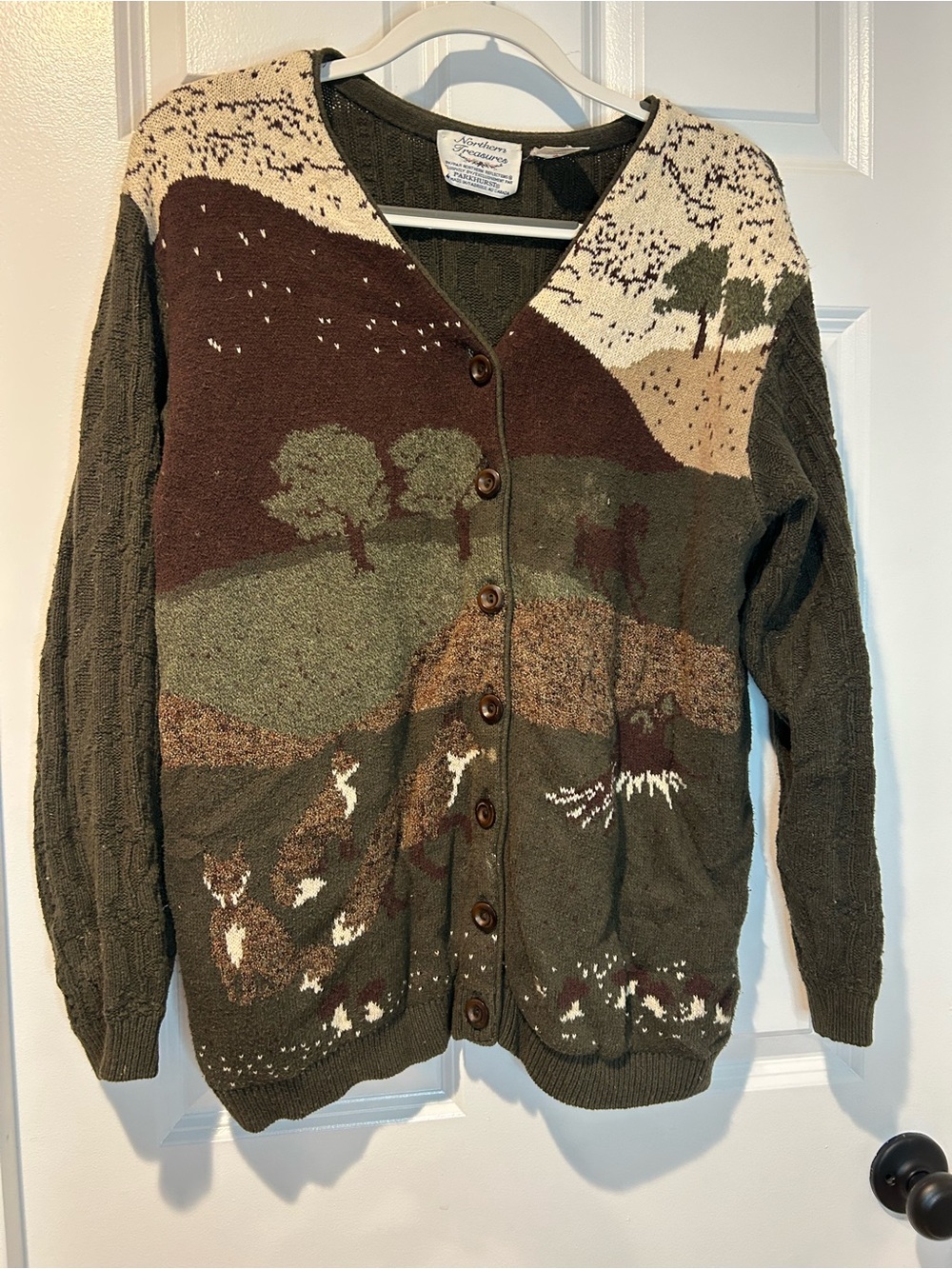 Landscape Scenic Olive Green Button-Front Cardigan Sweater